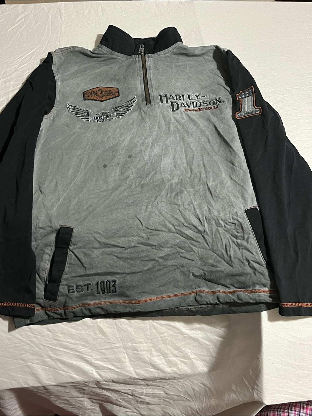Harley-Davidson Men’s Gray & Black Half-Zip Pullover with Logo Patches Size M